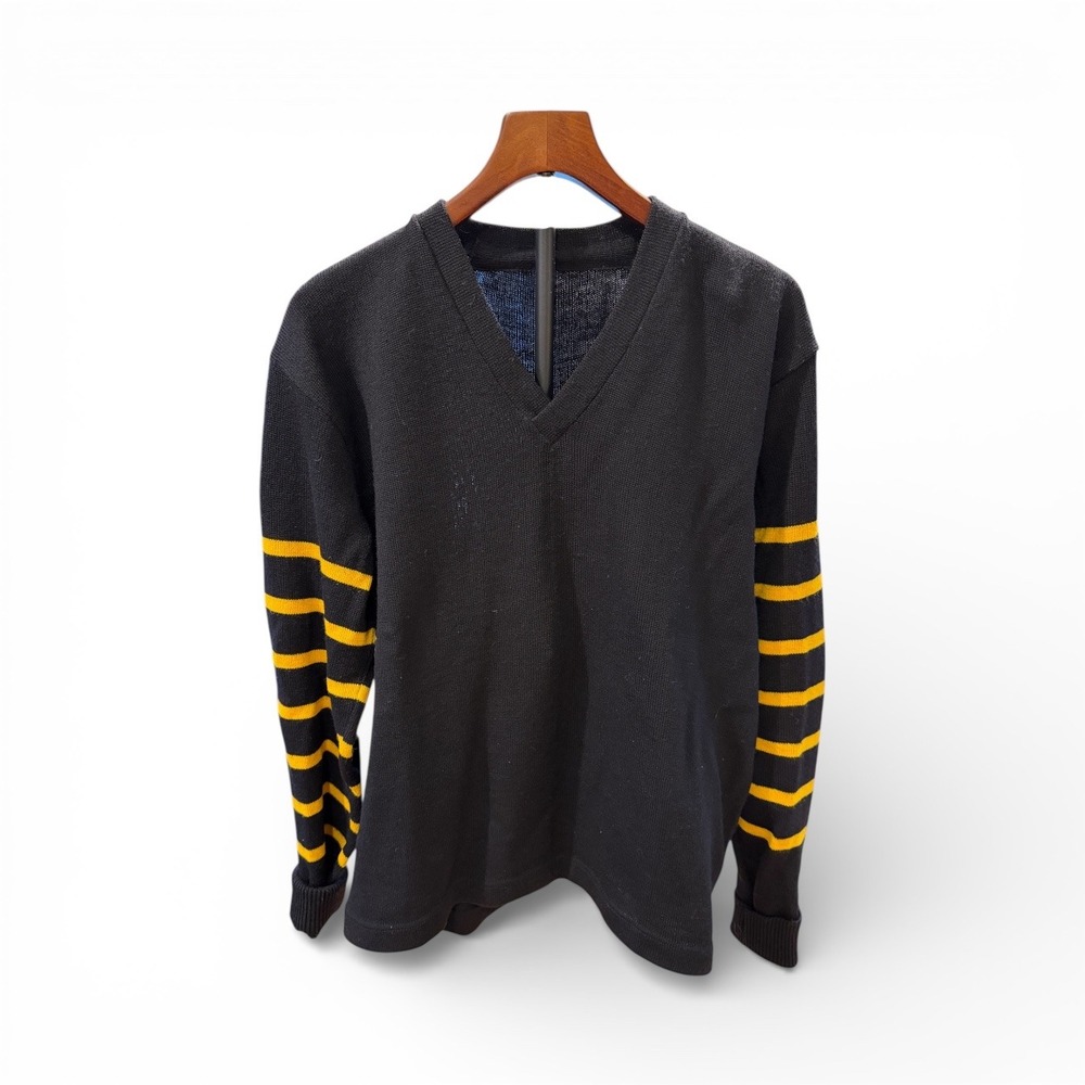 Vtg 50s EUC Letterman's V‎ Wool Neck Sweater Black Yellow Stripe Long Sleeve XL